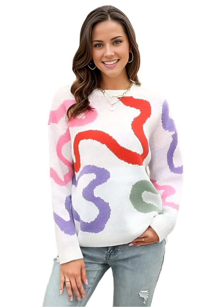 Printed Round Neck Dropped Shoulder Pullover Sweater White / S Trendsi