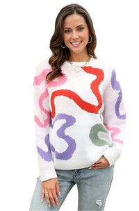 Printed Round Neck Dropped Shoulder Pullover Sweater White / S Trendsi