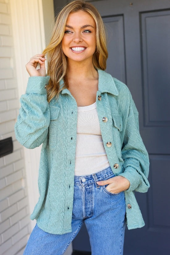 Casual Savvy Sage Cable Knit Button Down Shacket Very J