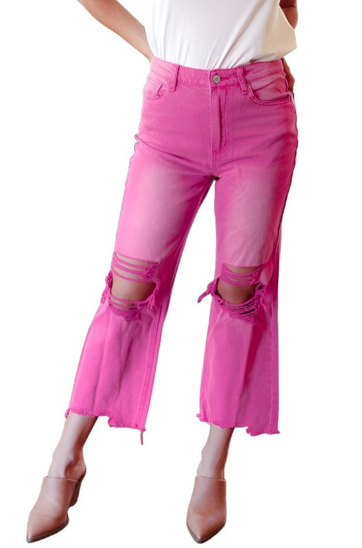 Cut Loose Hot Pink High Rise Washed Distressed Hem & Knee Cropped Pants Zenana