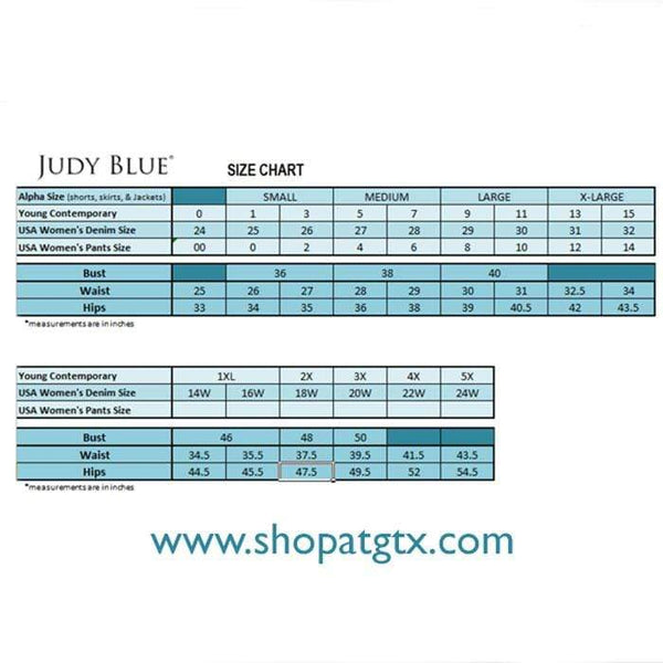 Size Chart for Judy Blue Jeans All That Glitters
